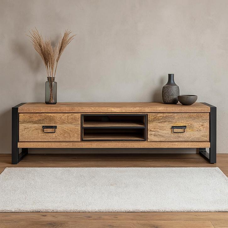 Tv-meubel Mangohout Kelvin 160 cm, Huis en Inrichting, Kasten |Televisiemeubels, Nieuw, Overige houtsoorten, Verzenden