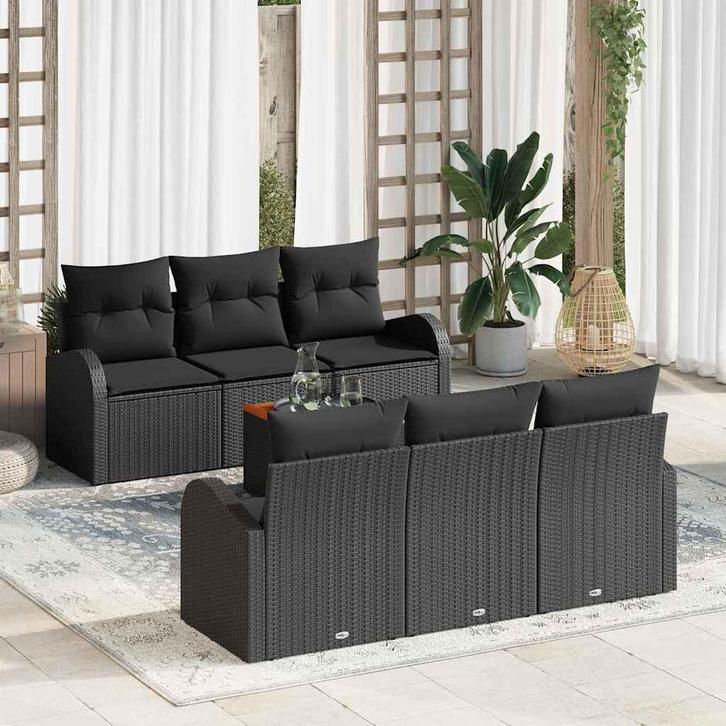 vidaXL Tuinbank Set met kussen 7 pcs Zwart poly rattan, Tuin en Terras, Tuinsets en Loungesets, Nieuw, Verzenden