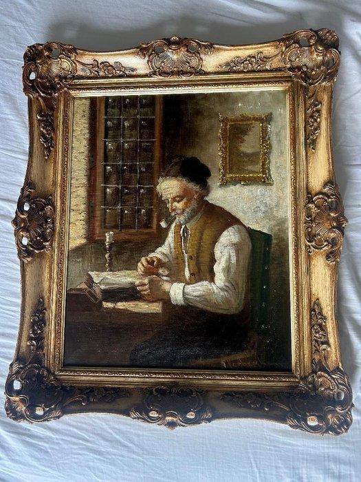 P. Verberghem (XX) - Oude man die aan bureau zit met pijp, Antiek en Kunst, Kunst | Schilderijen | Klassiek