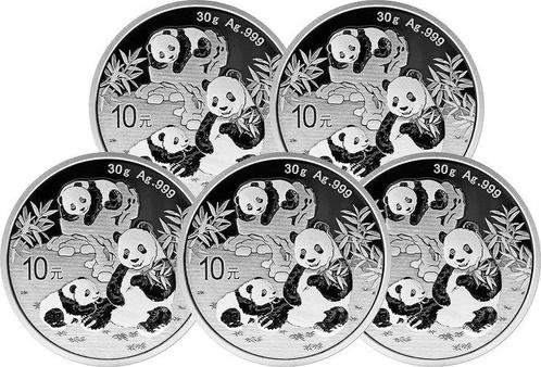 5 Troy Ounce - Zilver .999 - Panda 2025 - 155,5 gram - fine, Postzegels en Munten, Edelmetalen en Baren