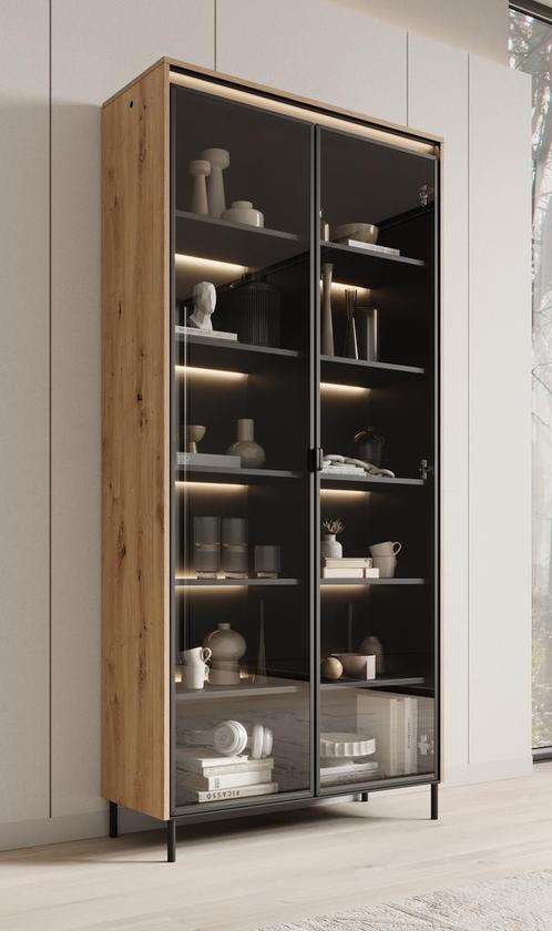 Meubella vitirnekast Timoteo eiken 90cm, Huis en Inrichting, Kasten | Vitrinekasten, 25 tot 50 cm, Nieuw, 50 tot 100 cm, 150 tot 200 cm
