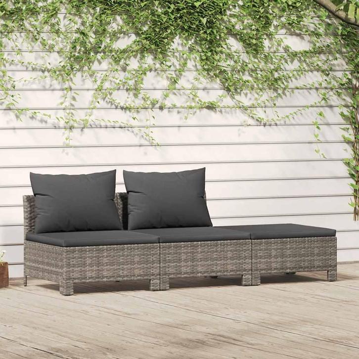 vidaXL 3-delige tuinloungeset met kussens grijs poly rattan, Tuin en Terras, Tuinsets en Loungesets, Loungeset, Nieuw, Verzenden