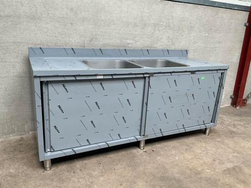 Spoeltafel met schuifdeuren 2 bak midden 200cm, Zakelijke goederen, Horeca | Keukenapparatuur, Nieuw in verpakking, Inox Meubilair