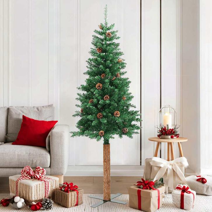 vidaXL Kerstboom met echt hout en dennenappels smal 180 cm, Diversen, Kerst, Nieuw, Verzenden