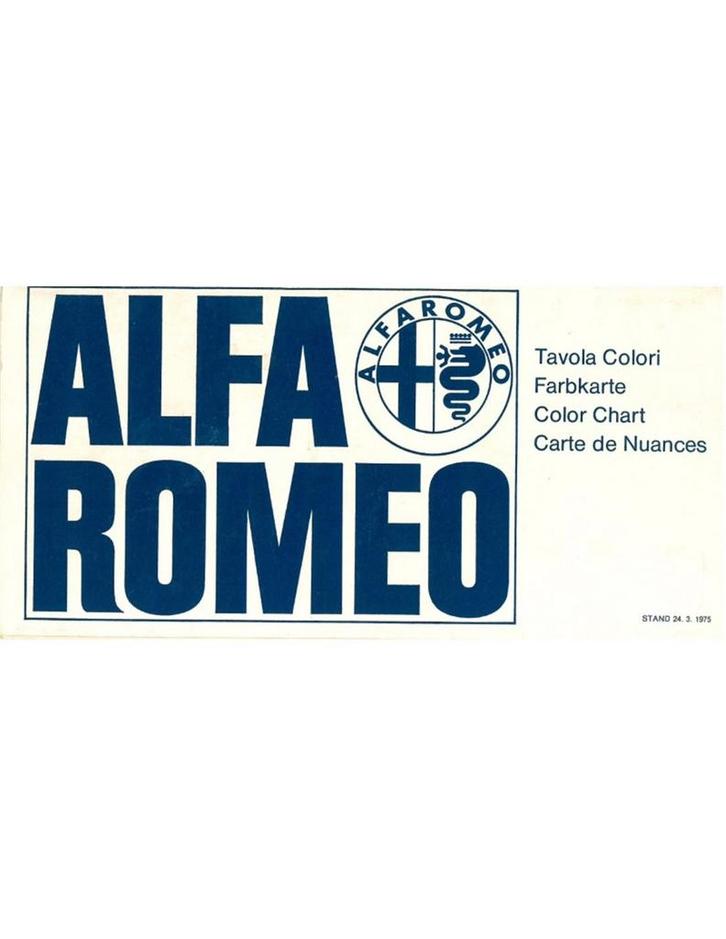 1975 ALFA ROMEO LAKKLEUREN BROCHURE, Boeken, Auto's | Folders en Tijdschriften, Ophalen of Verzenden