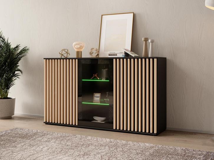 Meubella Dressoir zwart 160 cm - Latjes - LED, Huis en Inrichting, Kasten | Dressoirs, 25 tot 50 cm, Nieuw, 150 tot 200 cm, Verzenden