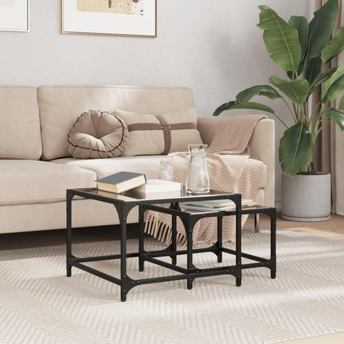 vidaXL 2-delige Tafeltjesset met zwart glazen blad staal, Huis en Inrichting, Tafels | Salontafels, Nieuw, Verzenden