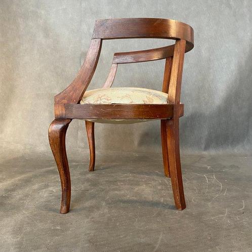 Fauteuil - Hout, poef met bekleding uit de jaren 50/60, Antiek en Kunst, Curiosa en Brocante