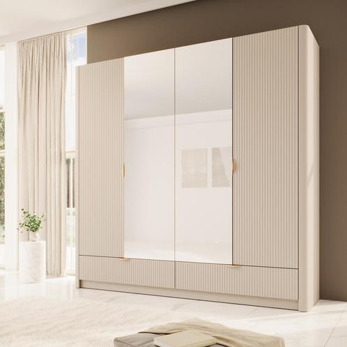 Meubella | Kledingkast 213cm beige Garderobekast Met spiegel, Huis en Inrichting, Kasten | Overige, Nieuw, Verzenden