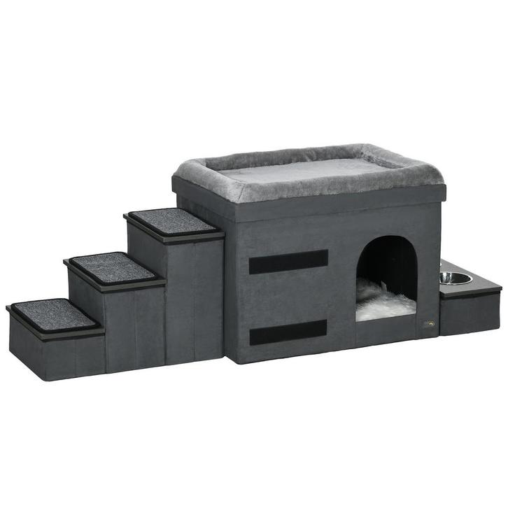 Kattenhuisje - Trappetjes - Voerbakjes - Grijs, Dieren en Toebehoren, Katten-accessoires, Nieuw, Ophalen of Verzenden