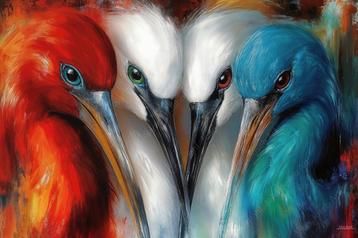 John Joseb Art glasschilderij vogels, kleurrijk, felle kleur beschikbaar voor biedingen