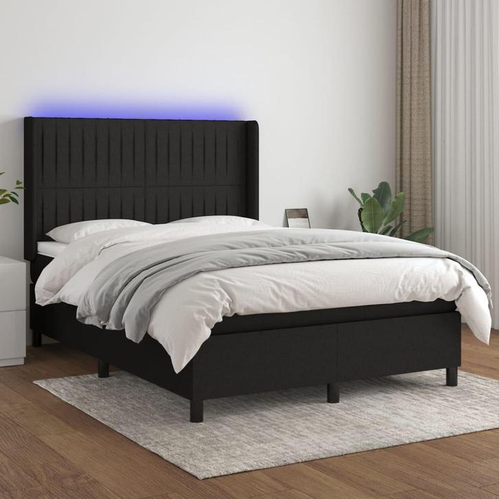 vidaXL Boxspring met matras en LED stof zwart 140x200 cm, Maison & Meubles, Chambre à coucher | Lits, Envoi