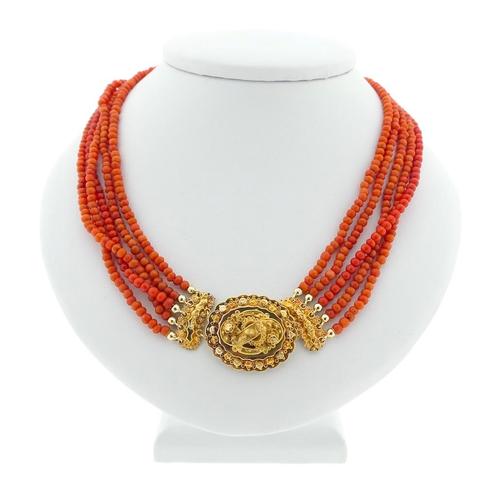 Antieke bloedkoralen kralen collier met gouden sierslot a..., Handtassen en Accessoires, Kettingen, Overige kleuren, Gebruikt