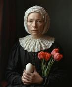 Erminando Aliaj - Woman with an egg and tulips, Antiek en Kunst