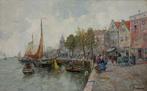 Karl Wagner (German 1839 - 1923) - Dutch harbour scene, Antiek en Kunst