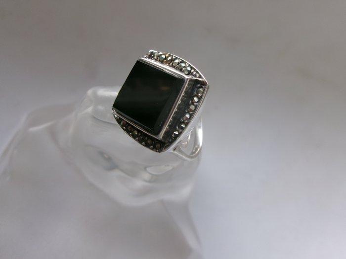 Zilver, Onyx & Marcasites - Ring - Art Deco-stijl, Antiquités & Art, Art | Objets design