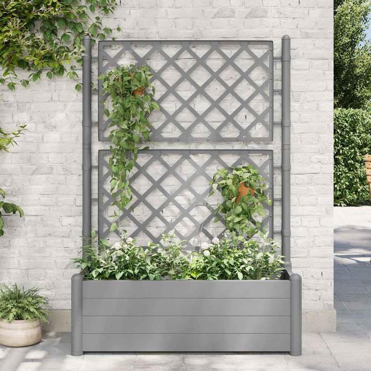 vidaXL Plantenbak met latwerk 100x43x142 cm PP-steen grijs, Tuin en Terras, Bloempotten, Nieuw, Verzenden
