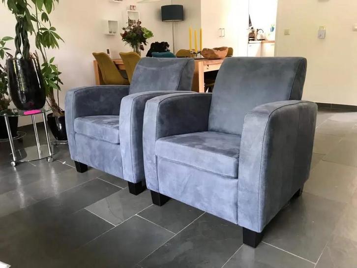 2 leren fauteuils met houten poten - blauw leer, Huis en Inrichting, Fauteuils, Nieuw, Ophalen of Verzenden