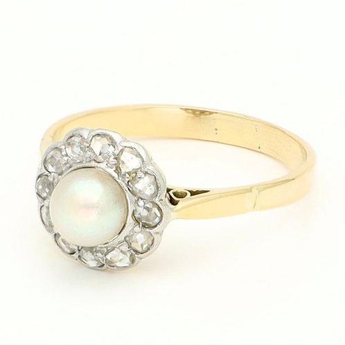 Ring - 18 karaat Geel goud Parel - Diamant, Handtassen en Accessoires, Ringen