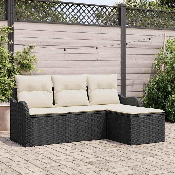 vidaXL Tuinbank Set met kussen 4 pcs Zwart Poly rattan, Tuin en Terras, Tuinsets en Loungesets, Nieuw, Verzenden