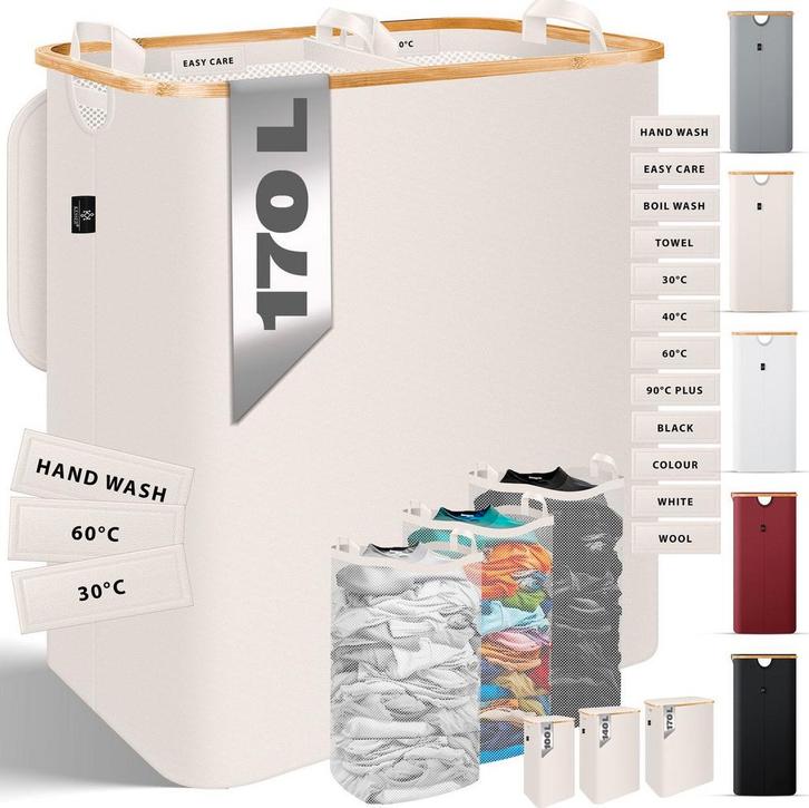 KESSER® Wasmand met Deksel - 3 Waszakken - 170 Liter - Beige, Kleding | Dames, Overige Dameskleding, Verzenden