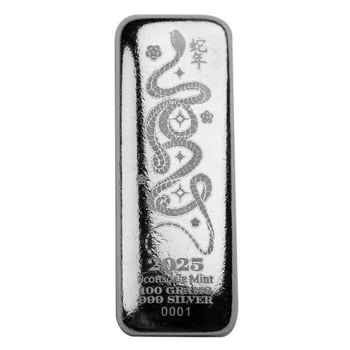 100 gram - Zilver .999 - 2025 Year of The Snake Scottsdale, Postzegels en Munten, Edelmetalen en Baren