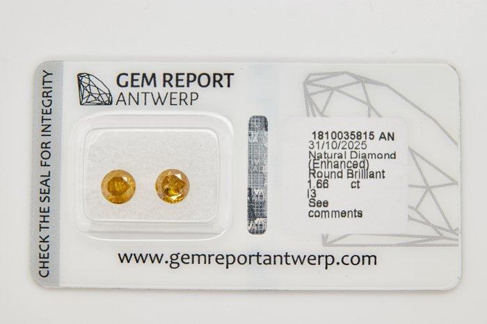 Zonder minimumprijs - 2 pcs Diamant (Kleurbehandeld) - 1.66, Handtassen en Accessoires, Edelstenen