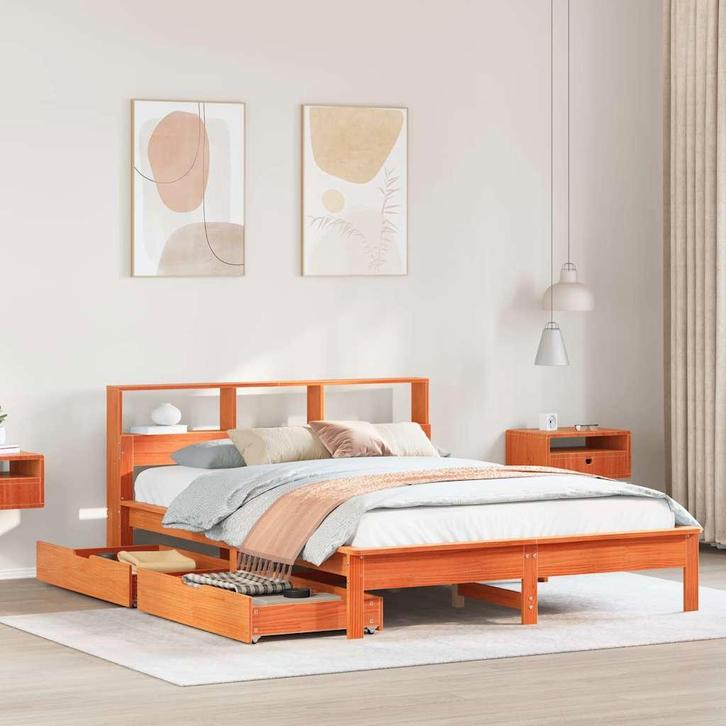 vidaXL Bed met boekenkast zonder matras grenenhout wasbruin, Maison & Meubles, Chambre à coucher | Lits, Envoi