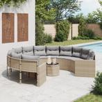 vidaXL Tuinbank met tafel en kussens rond poly rattan beige, Verzenden