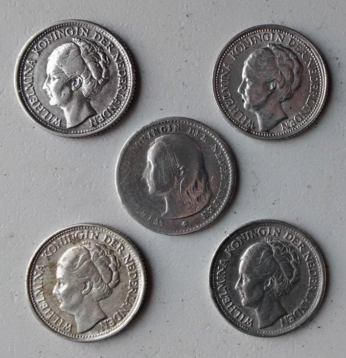 Nederland. Wilhelmina. 10 Cents 1896, 1941, 1943, 1944, 1944, Postzegels en Munten, Munten | Nederland