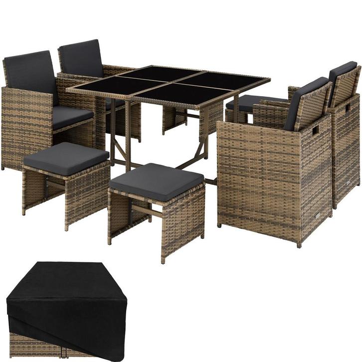 tectake Wicker zitgroep Bilbao 4+4+1 met beschermhoes - natu, Tuin en Terras, Tuinsets en Loungesets, Verzenden