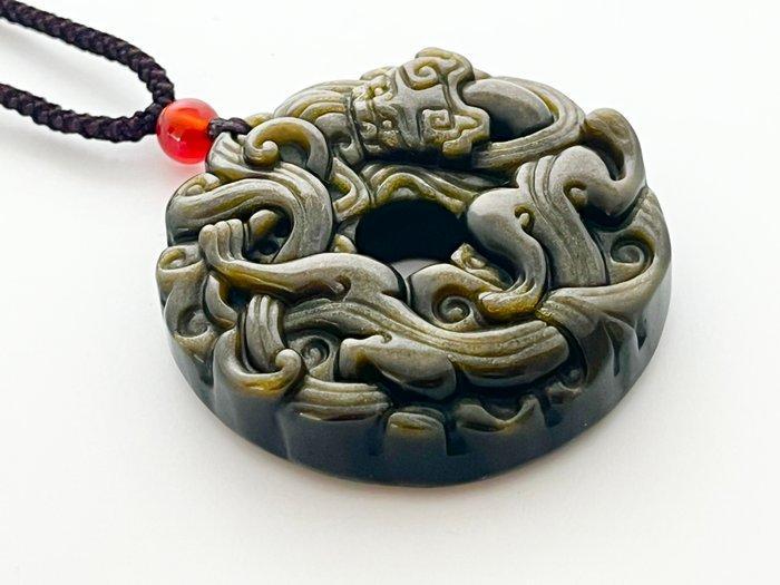 Amulet van gouden obsidiaan met dubbele Pixiu. - Talisman, Verzamelen, Mineralen en Fossielen