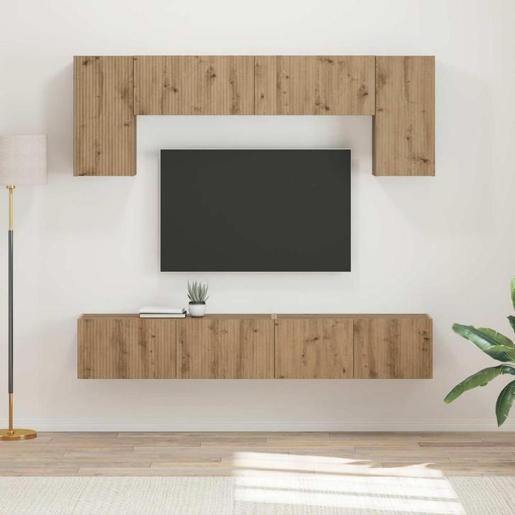 vidaXL Tv-meubelset Wandgemonteerd 4 pcs Zwart Bewerkt hout, Maison & Meubles, Armoires | Mobilier de télévision, Envoi