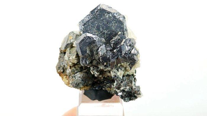 Galena (spinel-law tweeling) met Calciet - Huanzala-mijn,, Verzamelen, Mineralen en Fossielen