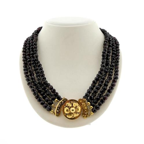Antieke granaat kralen collier met gouden sier slot | 47 cm, Handtassen en Accessoires, Kettingen, Overige kleuren, Gebruikt, Met edelsteen