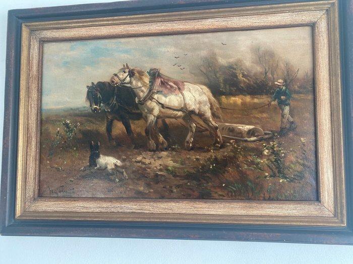 Henry Schouten (1857-1927) - Brabanse trekpaarden aan het, Antiquités & Art, Art | Peinture | Classique