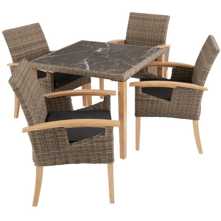 tectake Wicker tafel Tarent met 4 stoelen Rosarno - natuur, Tuin en Terras, Tuinsets en Loungesets, Verzenden