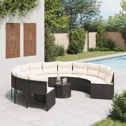 vidaXL Tuinbank met tafel en kussens rond poly rattan zwart, Tuin en Terras, Tuinsets en Loungesets, Nieuw, Verzenden