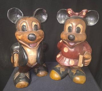 Mickey Mouse, Minnie Mouse - 1 statue en bois - Handmade -