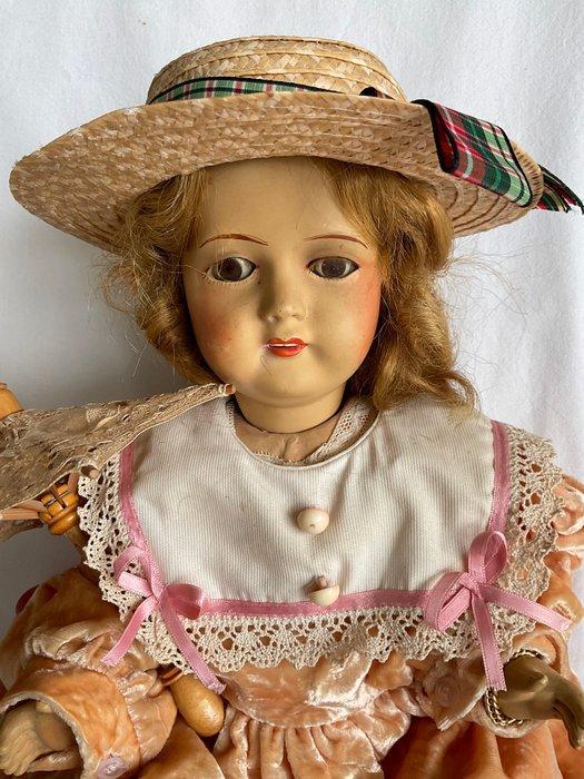 Antieke pop (50cm) met parasol en zonnehoedje - Pop, Antiek en Kunst, Antiek | Speelgoed