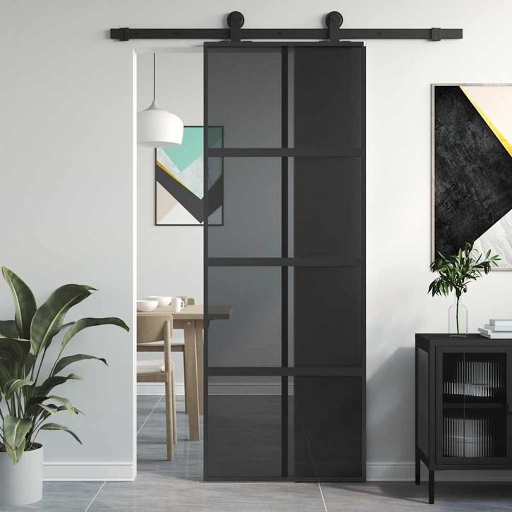 vidaXL Schuifdeur 76x205 cm gehard glas en aluminium zwart, Doe-het-zelf en Bouw, Deuren en Vliegenramen, Nieuw, Verzenden