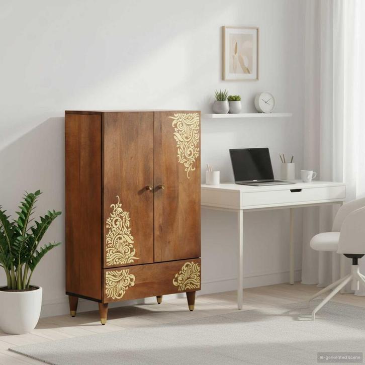 vidaXL Highboard met lade Bruin 60 x 33 x 100 cm Massief, Huis en Inrichting, Woonaccessoires | Cd- en Dvd-rekken, Nieuw, Verzenden