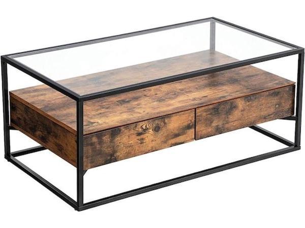 Veiling - Salontafel Industrieel Hout/Glas – 125×60×45 c, Huis en Inrichting, Tafels | Bijzettafels