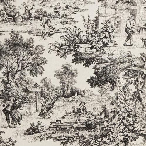 Textiel - 250 cm - 280 cm - Toile de Jouy Nero, Antiek en Kunst, Antiek | Tapijten, Tafelkleden en Textiel
