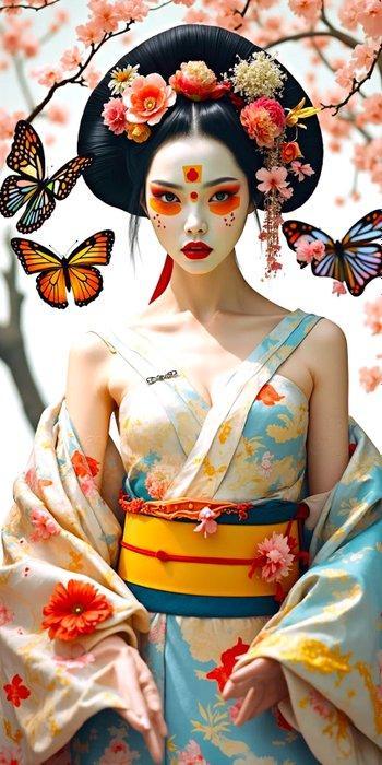 Hiroshi (1981) - Orange Eye Liner Geisha Toile (XXL), Antiquités & Art, Art | Peinture | Moderne