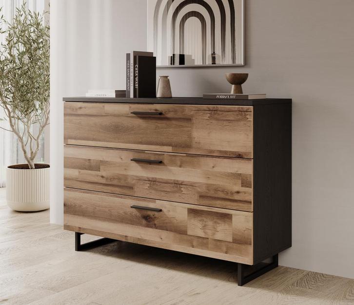 Meubella | Ladekast eiken zwart 120cm - 3 lades Industrieel, Huis en Inrichting, Kasten | Overige, Nieuw, Verzenden