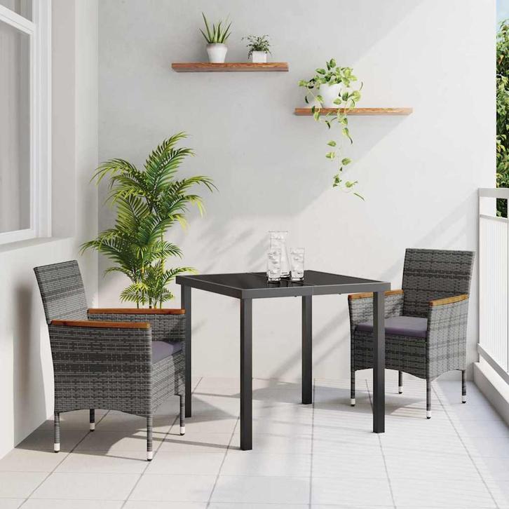 vidaXL Tuin Eettafel Set met kussen 3 pcs Grijs Poly rattan, Tuin en Terras, Tuinsets en Loungesets, Nieuw, Verzenden