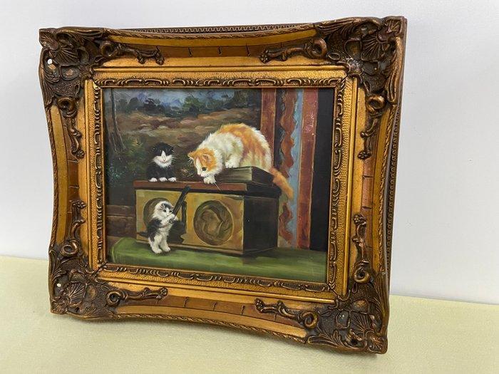 roe bros - Barok Schilderij Spelende Katten Roe Bros, Antiquités & Art, Curiosités & Brocante