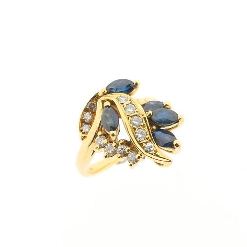 18 krt. Gouden ring met saffier en diamant | 0,18 ct., Handtassen en Accessoires, Ringen, Dame, Met edelsteen, Overige kleuren