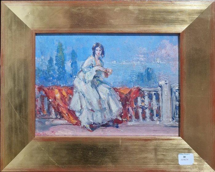 Ulisse Caputo (1872-1948) - Nobildonna su terrazzo in Costa, Antiek en Kunst, Kunst | Schilderijen | Klassiek